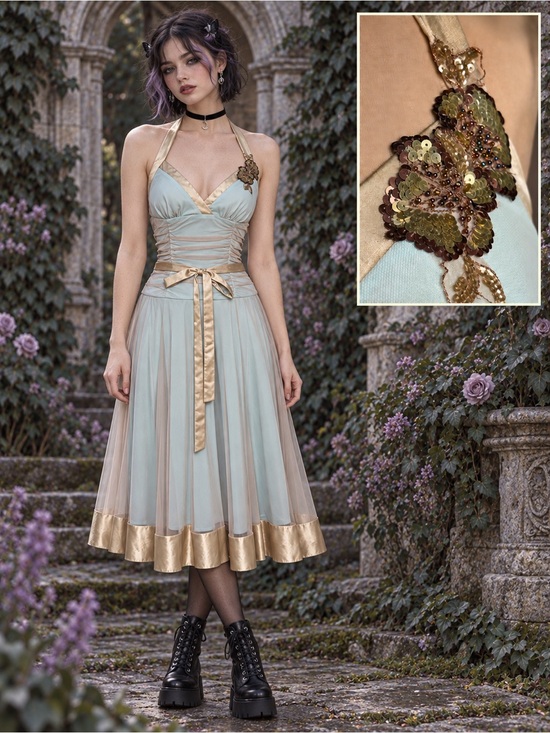 City Triangles Dresses & Skirts - Vintage 90’s Y2K City Triangles Aqua Dress Gold Mesh overlay and trim Fairycore